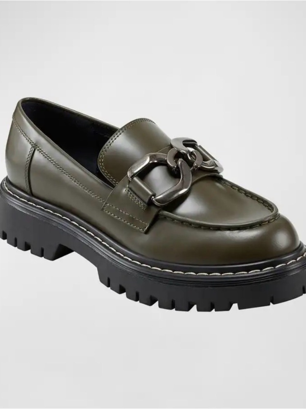 Marc Fisher Olive Green Lug Sole Loafer with Chain Accent Size 7